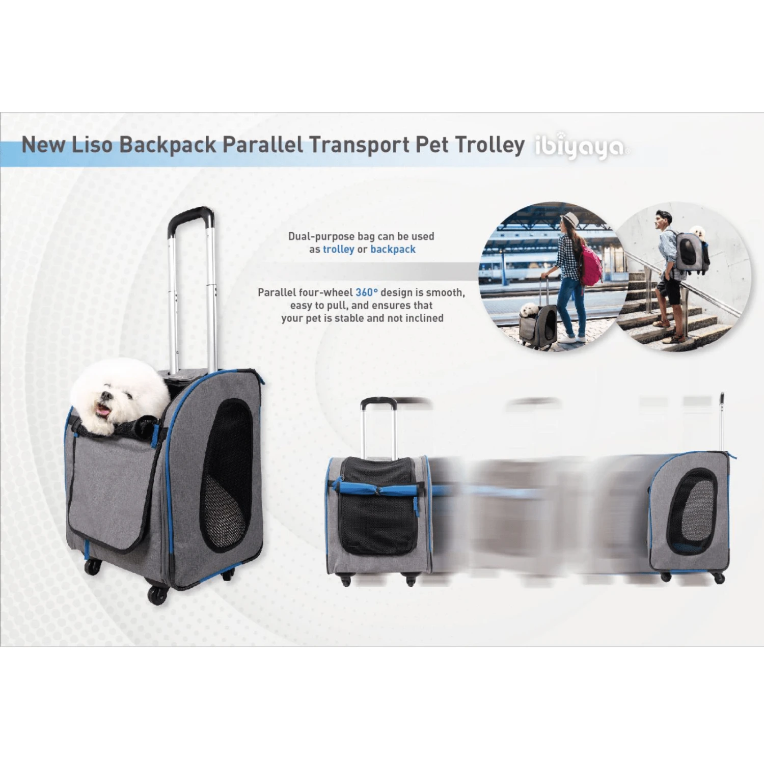 Ibiyaya Liso Backpack Trolley Pet Carrier On Wheels, Slate Sapphire 12 Ibiyaya Liso Backpack Trolley Pet Carrier On Wheels, Slate Sapphire - Image 11